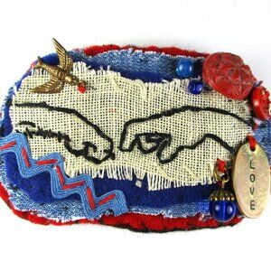 Handmade, Mock Michelangelo, Creation of Adam, Hand and Paw, Embroidered Brooch